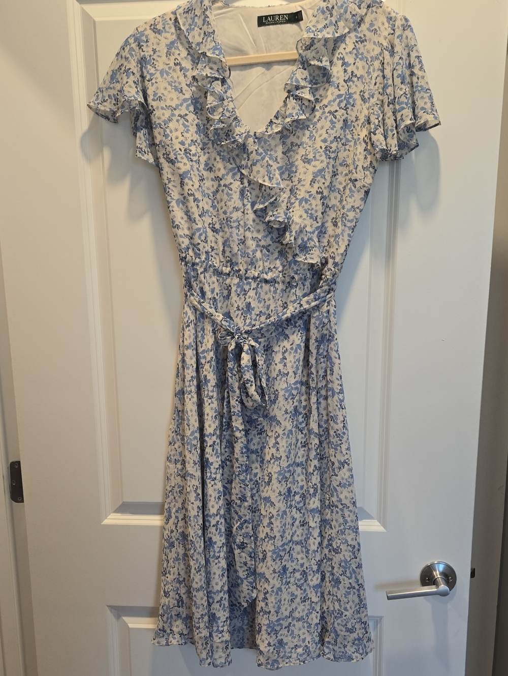 Lauren Ralph Lauren Light Blue Floral Ruffle Wrap Midi Dress